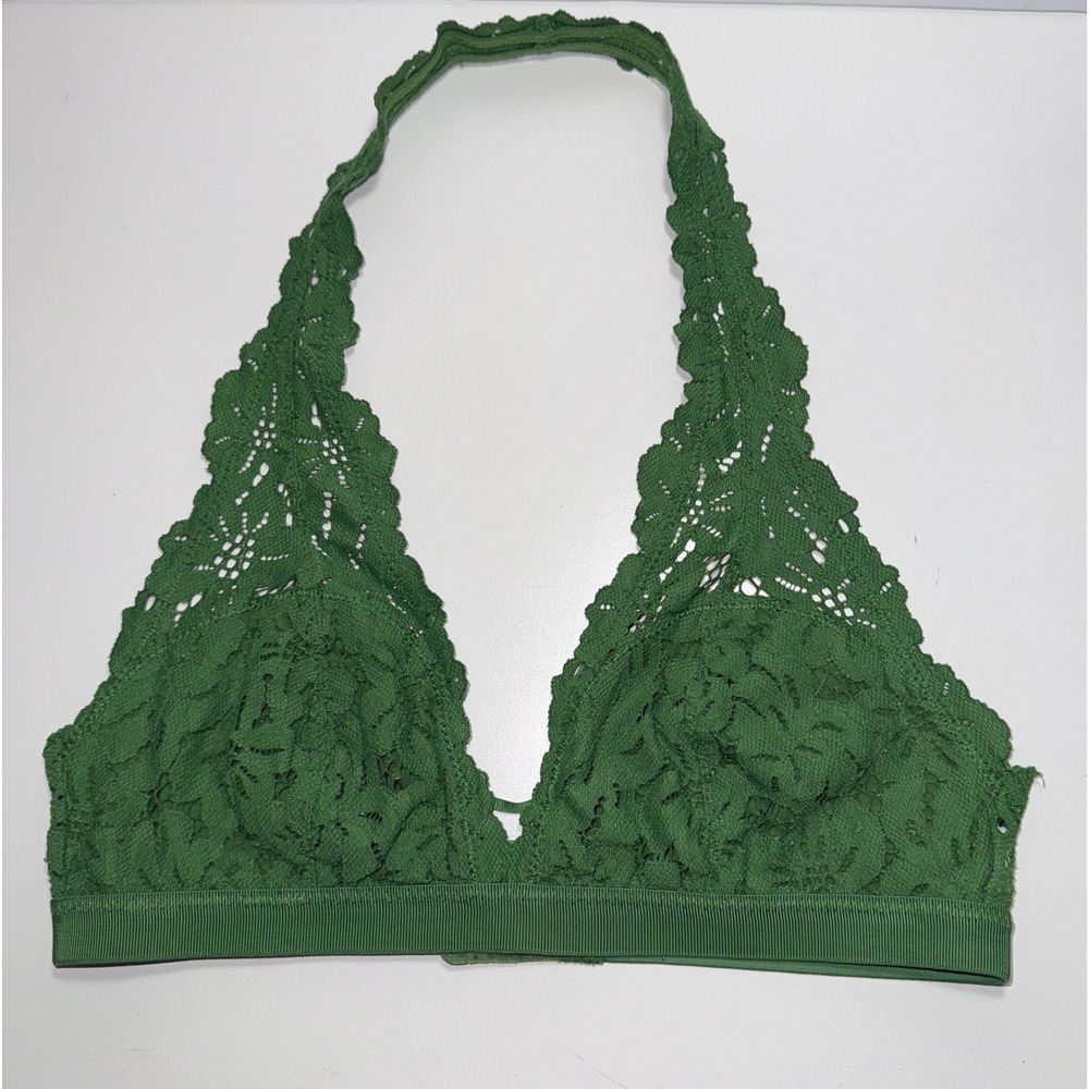 Aerie Green Floral Lace Halter Bralette XS Scalloped Unlined Hook‎ Eye Closure